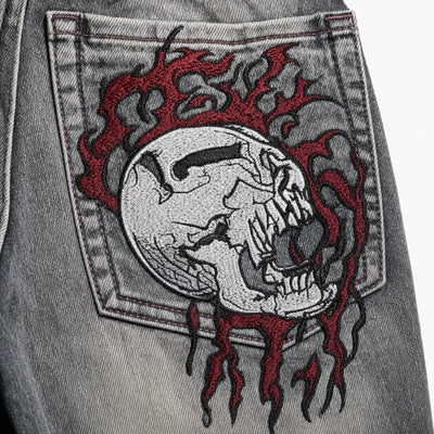 Nite Fury Embroidered Jeans Skull Grunge