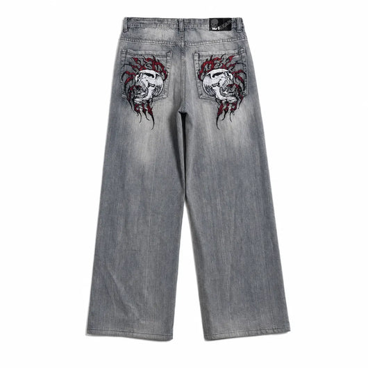 Nite Fury Embroidered Jeans Skull Grunge
