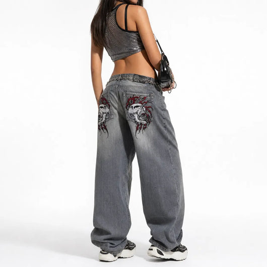 Nite Fury Embroidered Jeans Skull Grunge