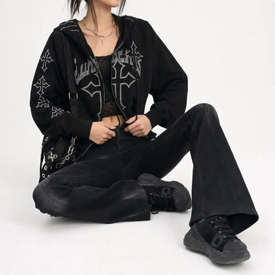 Nite Fury Rhinestone Cross Embroidered Hoodie