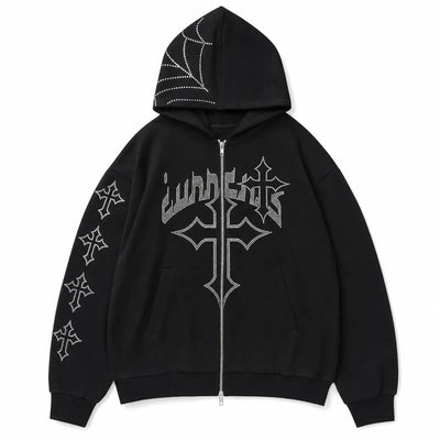 Nite Fury S Rhinestone Cross Embroidered Hoodie
