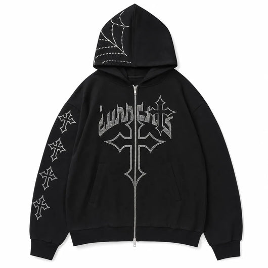 Nite Fury S Rhinestone Cross Embroidered Hoodie