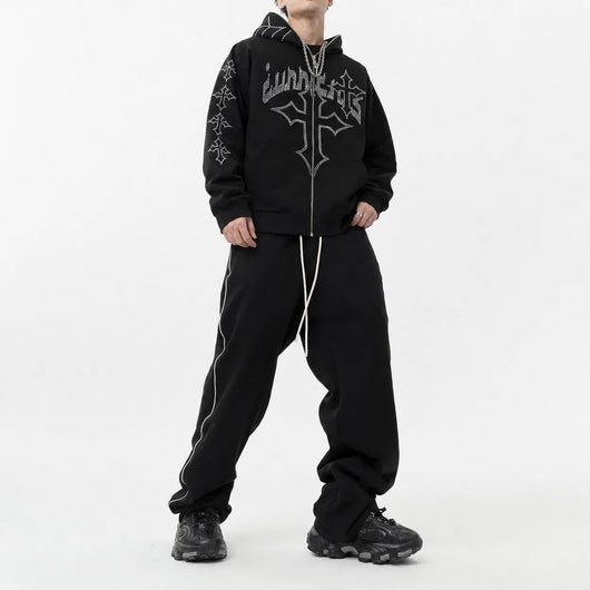 Nite Fury Rhinestone Cross Embroidered Hoodie