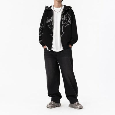 Nite Fury Rhinestone Cross Embroidered Hoodie