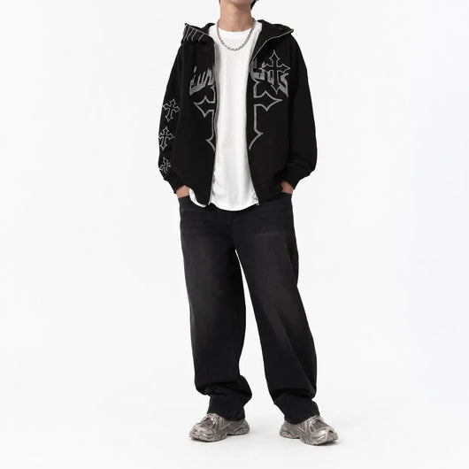 Nite Fury Rhinestone Cross Embroidered Hoodie
