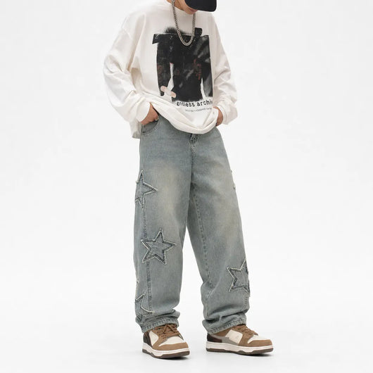 Nite Fury Star Pattern Embroidered Jeans