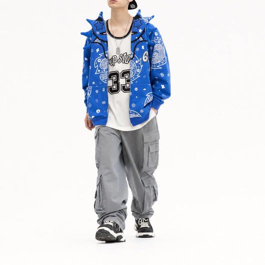 Urban Y2K Bandana Print Zip Hoodie