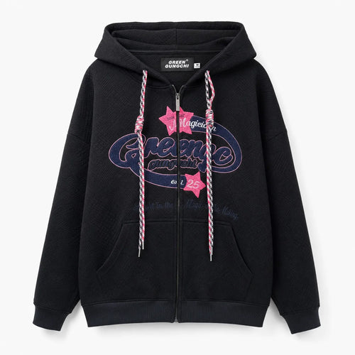 Embroidered Casual Zip Hoodie