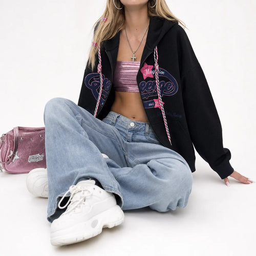 Embroidered Casual Zip Hoodie