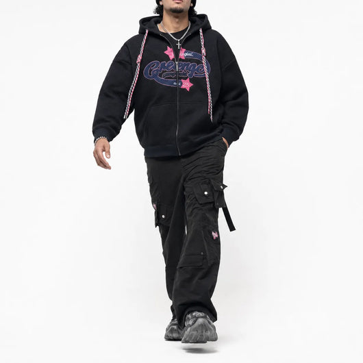 Urban Y2K Embroidered Casual Zip Hoodie