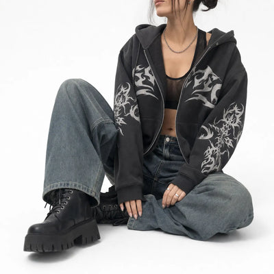 Urban Y2K Oversized Hoodie Flame Graphic