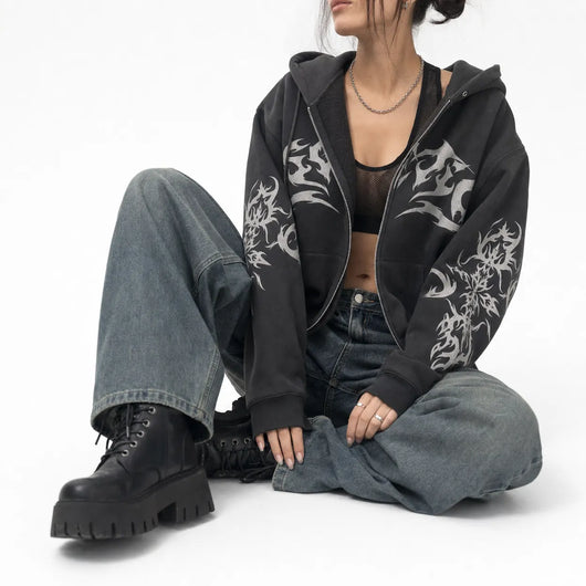 Urban Y2K Oversized Hoodie Flame Graphic