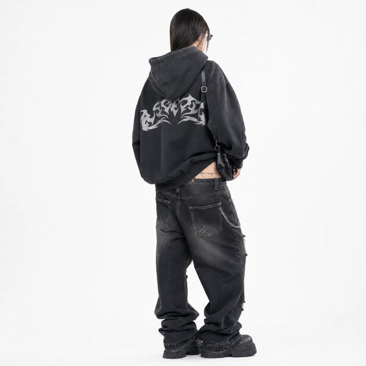 Urban Y2K Oversized Hoodie Flame Graphic