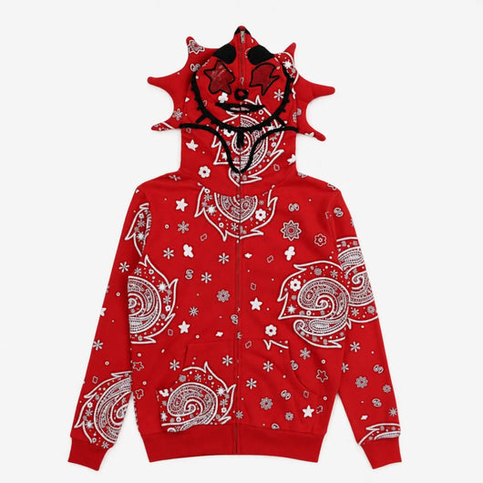 Urban Y2K Red Pattern / XS Bandana Print Zip Hoodie